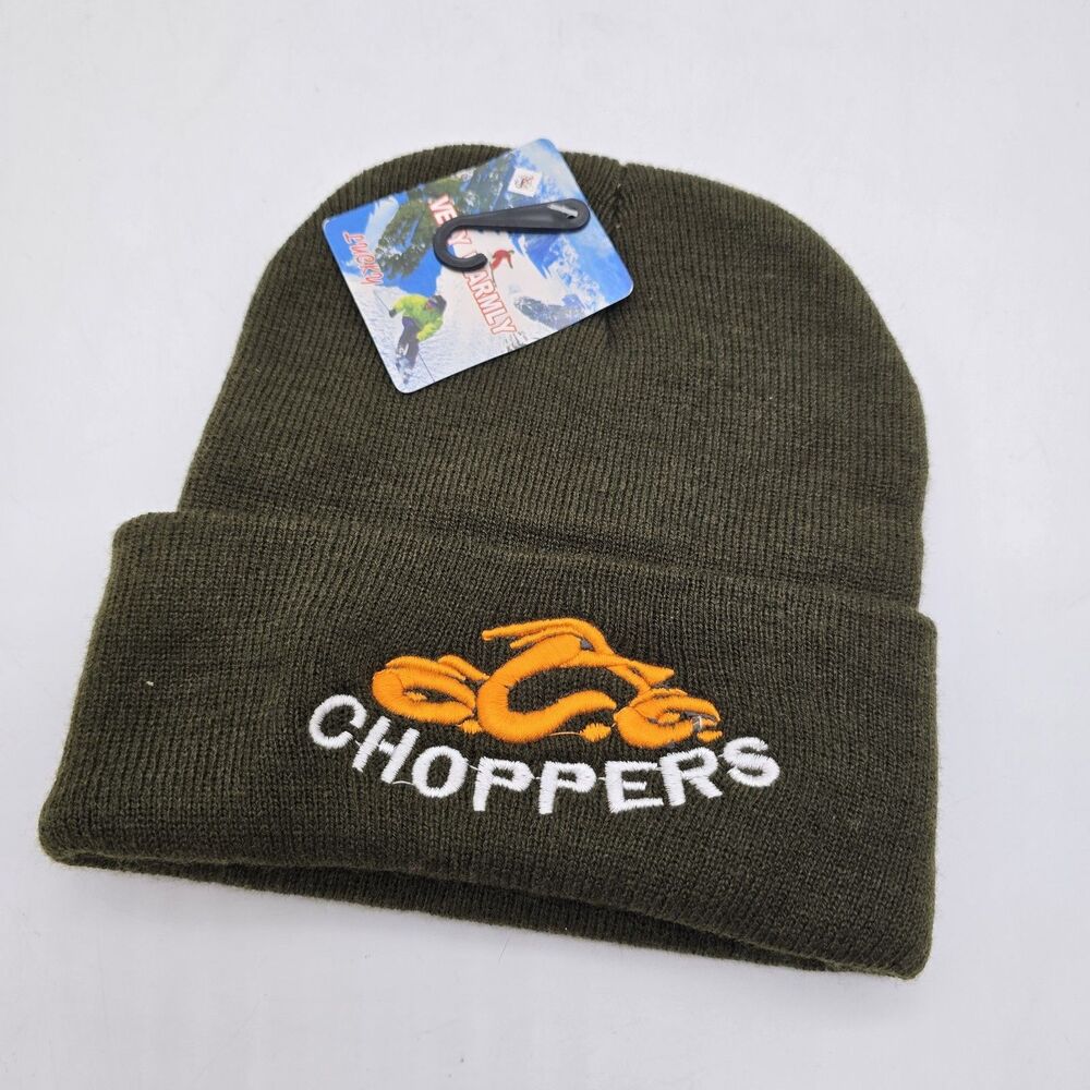 Choppers Motorcycle Embroidered Beanie Knit Hat Cap Olive Green Biker